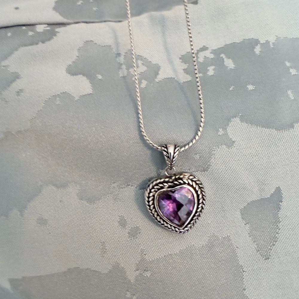 Silver Heart Pendant Necklace with Purple Gem